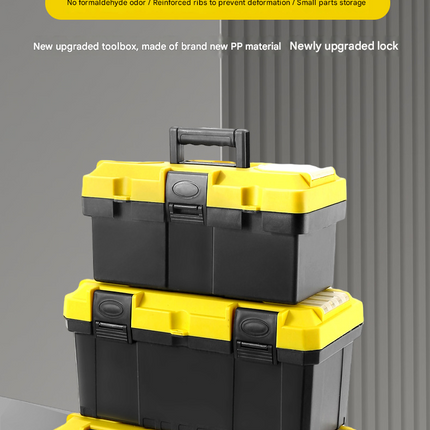 17-inch Yellow and Black Heavy Duty Plastic Toolbox - PP Material with ABS Latches - Lockable, Large Capacity, Double Layer, Organized Storage, for Home Repair, Automotive, Construction, Outdoor Use