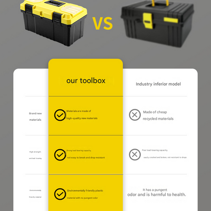 17-inch Yellow and Black Heavy Duty Plastic Toolbox - PP Material with ABS Latches - Lockable, Large Capacity, Double Layer, Organized Storage, for Home Repair, Automotive, Construction, Outdoor Use