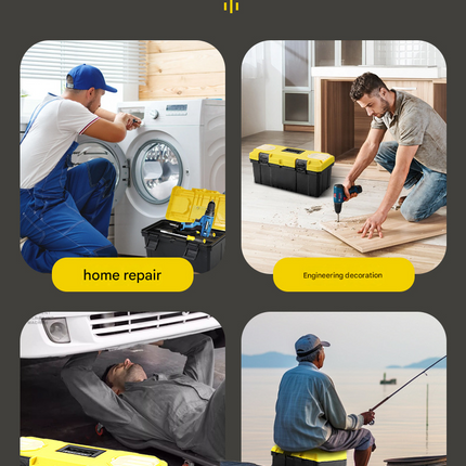 17-inch Yellow and Black Heavy Duty Plastic Toolbox - PP Material with ABS Latches - Lockable, Large Capacity, Double Layer, Organized Storage, for Home Repair, Automotive, Construction, Outdoor Use