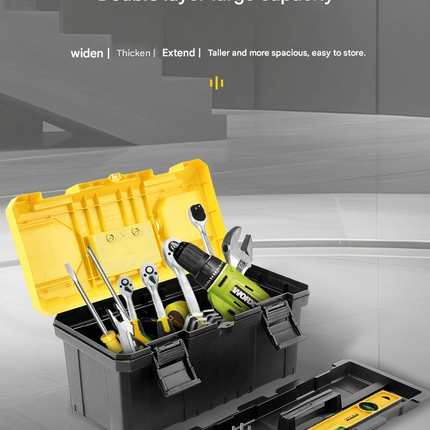 17-inch Yellow and Black Heavy Duty Plastic Toolbox - PP Material with ABS Latches - Lockable, Large Capacity, Double Layer, Organized Storage, for Home Repair, Automotive, Construction, Outdoor Use