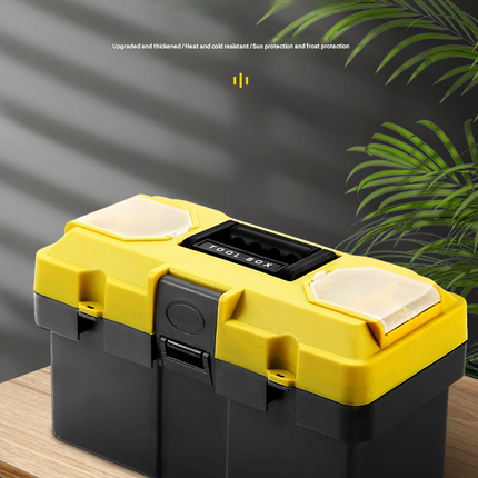 17-inch Yellow and Black Heavy Duty Plastic Toolbox - PP Material with ABS Latches - Lockable, Large Capacity, Double Layer, Organized Storage, for Home Repair, Automotive, Construction, Outdoor Use