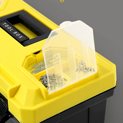 17-inch Yellow and Black Heavy Duty Plastic Toolbox - PP Material with ABS Latches - Lockable, Large Capacity, Double Layer, Organized Storage, for Home Repair, Automotive, Construction, Outdoor Use