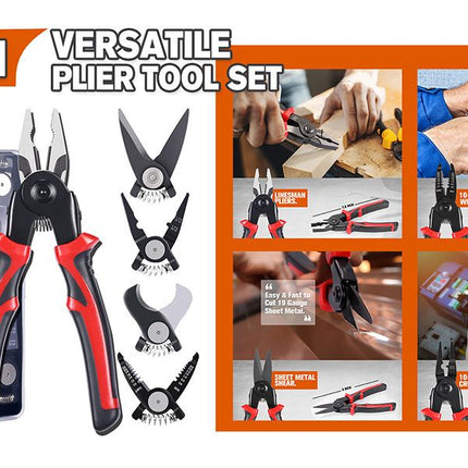 Black and Red 5 in 1 Interchangeable Plier Tool Set - High Carbon Steel - Wire Stripper, Crimper, Cutter, Linesman Pliers, Shear - Multi-Purpose for Electricians, DIY, Home Repair, Compact & Durable