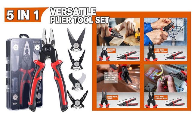 Black and Red 5 in 1 Interchangeable Plier Tool Set - High Carbon Steel - Wire Stripper, Crimper, Cutter, Linesman Pliers, Shear - Multi-Purpose for Electricians, DIY, Home Repair, Compact & Durable