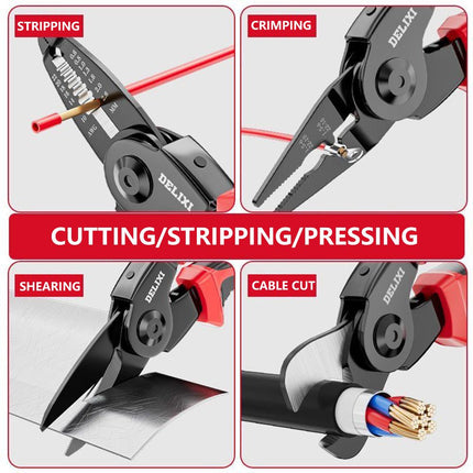 Black and Red 5 in 1 Interchangeable Plier Tool Set - High Carbon Steel - Wire Stripper, Crimper, Cutter, Linesman Pliers, Shear - Multi-Purpose for Electricians, DIY, Home Repair, Compact & Durable