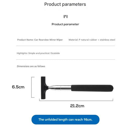 Black Telescopic Car Mirror Wiper - ABS & Stainless Steel - 98cm Extendable, Defog & Rain Removal, Compact Car Cleaning Tool, Universal Fit, Travel Friendly