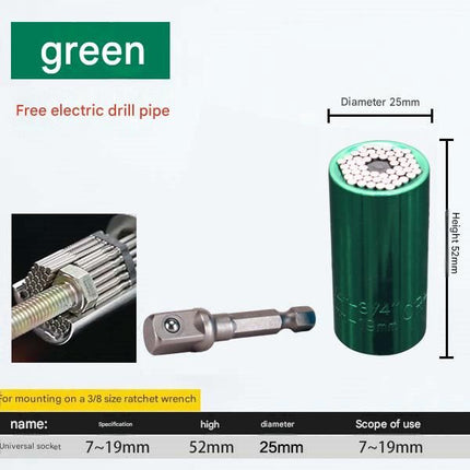 Green Universal Socket Set 7-19mm - Steel Construction - Multi-function Magic Socket, Colorful Design, Lightweight 130g, Compatible with Power Drills, Versatile Tool for Home & Auto Repair