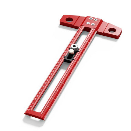 Red Multifunctional T-Square Ruler 0-400mm -  Aluminium Alloy with Laser Engraved Scale - Interchangeable Drill Bushings, 90 Degree Marking & Drilling Guide for Woodworking, DIY and Carpentry