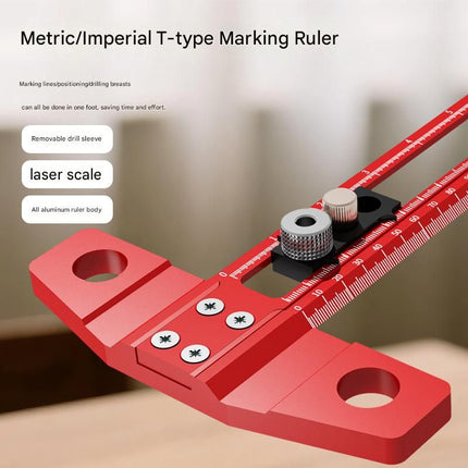 Red Multifunctional T-Square Ruler 0-400mm -  Aluminium Alloy with Laser Engraved Scale - Interchangeable Drill Bushings, 90 Degree Marking & Drilling Guide for Woodworking, DIY and Carpentry