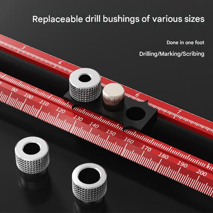 Red Multifunctional T-Square Ruler 0-400mm -  Aluminium Alloy with Laser Engraved Scale - Interchangeable Drill Bushings, 90 Degree Marking & Drilling Guide for Woodworking, DIY and Carpentry