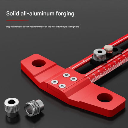 Red Multifunctional T-Square Ruler 0-400mm -  Aluminium Alloy with Laser Engraved Scale - Interchangeable Drill Bushings, 90 Degree Marking & Drilling Guide for Woodworking, DIY and Carpentry