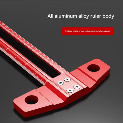 Red Multifunctional T-Square Ruler 0-400mm -  Aluminium Alloy with Laser Engraved Scale - Interchangeable Drill Bushings, 90 Degree Marking & Drilling Guide for Woodworking, DIY and Carpentry