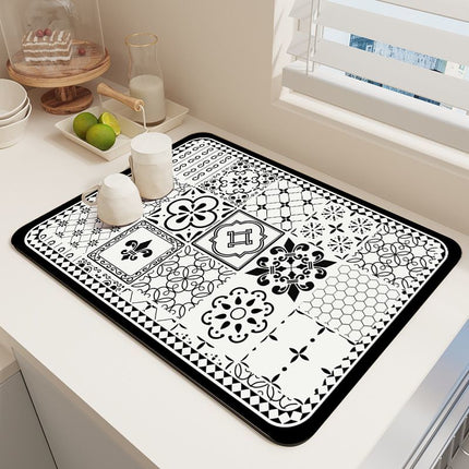 Diatom Mud Kitchen Counter Mat - Quick Dry Absorbent Non-Slip Draining Pad for Sink Benchtop 50cm x 80cm(Black and White Iris)