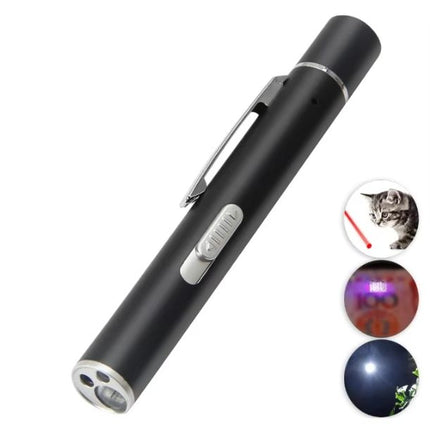 Grey Metal Laser Cat Toy Pen Set - 2 Piece USB Rechargeable 3-in-1 Laser Pointer with UV Light and LED Torch in Gift Tin Box