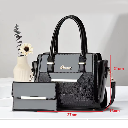 Black Women's Handbag Set - Large Capacity 2 Piece Shoulder Bag with Matching Wallet