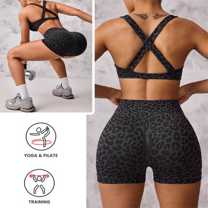 Leopard Print Yoga Set - Twist Front Sports Bra with Criss Cross Back and High Waisted Butt Lifting Shorts(Size:S)