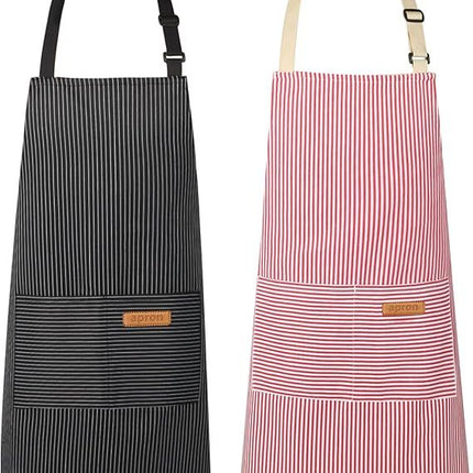 2-Pack Striped Adjustable Apron - Cross-Neck Bib Work Apron for Restaurant Catering Gardening(Pink fine stripes+black fine stripes)