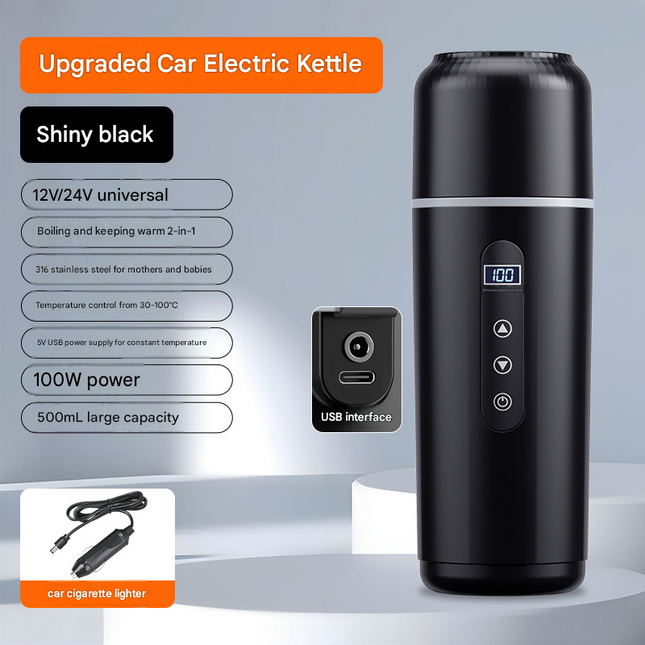 Black Portable Car Electric Kettle 12V/24V Universal USB Travel Water Boiler 500ml 316 Stainless Steel