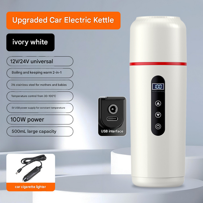 White Portable Car Electric Kettle 12V/24V Universal USB Travel Water Boiler 500ml 316 Stainless Steel
