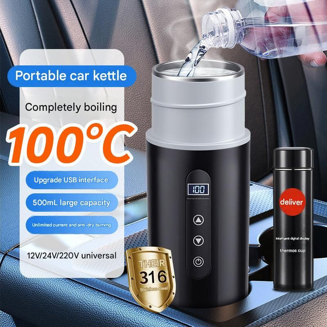 White Portable Car Electric Kettle 12V/24V Universal USB Travel Water Boiler 500ml 316 Stainless Steel – product detail