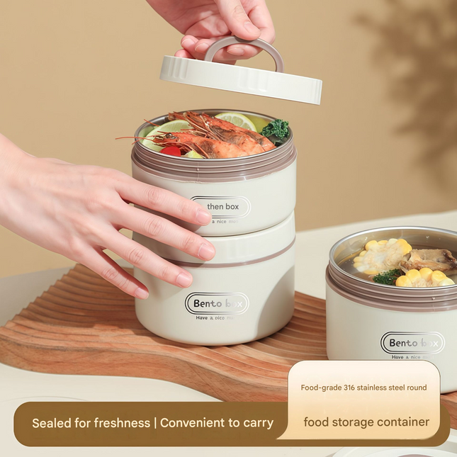 316 Stainless Steel Double Layer Insulated Lunch Box Microwave Safe Round Bento Box with Insulated Bag and – product detail