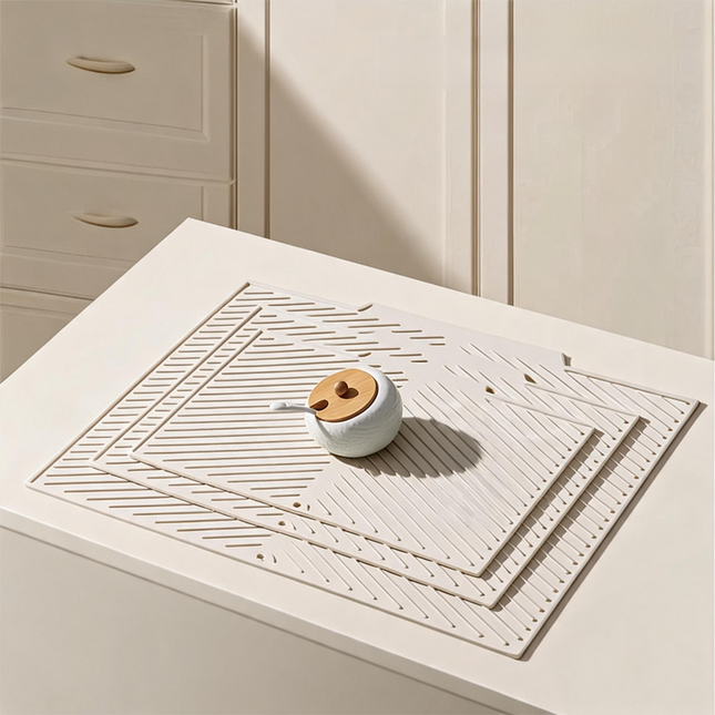 3-Piece Beige Silicone Draining Mat Set Kitchen Counter Protector Heat-Resistant Non-Slip Mats Large Medium