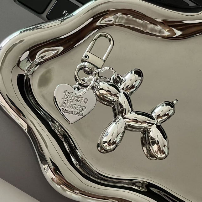 2-Piece Silver Balloon Dog Keychain Set with Heart Charm Bag Pendant Cute Couple Gift V888-ELOSUNG51285