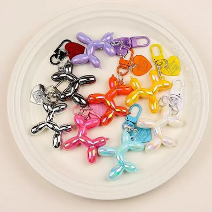 2-Piece Silver Balloon Dog Keychain Set with Heart Charm Bag Pendant Cute Couple Gift(Rose red button)