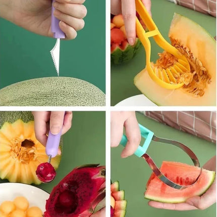 2-Piece Fruit Carving Tool Set Melon Baller Scoop Knife Stainless Steel(Yellow, blue and green)