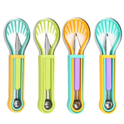 2-Piece Fruit Carving Tool Set Melon Baller Scoop Knife Stainless Steel(Yellow, blue and green)