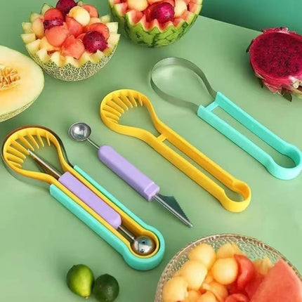2-Piece Fruit Carving Tool Set Melon Baller Scoop Knife Stainless Steel(Blue, yellow and purple)