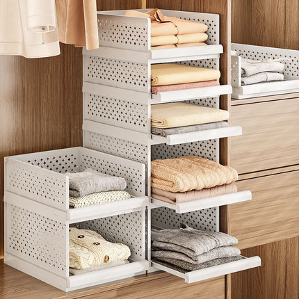 White Wardrobe Storage Organizers 2 Piece Set High & Low Pull-Out Drawer Style for Clothes