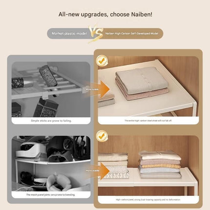 White Adjustable Closet Shelf Organizer, Expandable Wardrobe Divider Rack for Cabinet, Kitchen, and Entryway, Heavy-Duty Carbon Steel Storage Shelf, 27-38cm Length, 35cm Width, 22cm Height