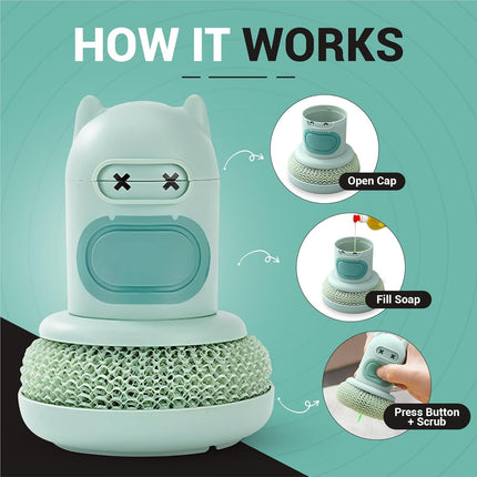 White Cartoon Press Dishwashing Brush with Replaceable Sponge Heads Kitchen Pot Cleaner