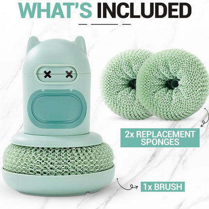 White Cartoon Press Dishwashing Brush with Replaceable Sponge Heads Kitchen Pot Cleaner
