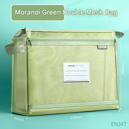 Morandi Green Double Layer Mesh File Bag with Handle Large Capacity Student Subject Organizer
