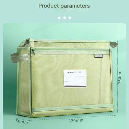 Morandi Green Double Layer Mesh File Bag with Handle Large Capacity Student Subject Organizer