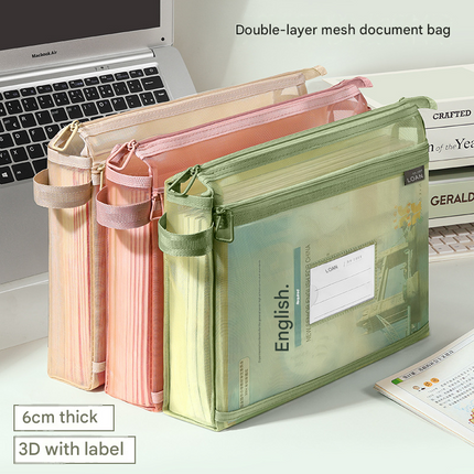 Morandi yellow Double Layer Mesh File Bag with Handle Large Capacity Student Subject Organizer