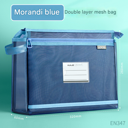 Morandi blue Double Layer Mesh File Bag with Handle Large Capacity Student Subject Organizer