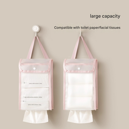 3 PCS White Wall Mounted Transparent Tissue Storage Bag Waterproof Hanging Holder with Adhesive Hook