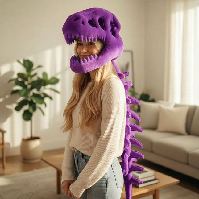 80CM Purple Funny Dinosaur Skeleton Plush Headwear Quirky Bone Fossil Plushie Hat & Huggable Doll for Party