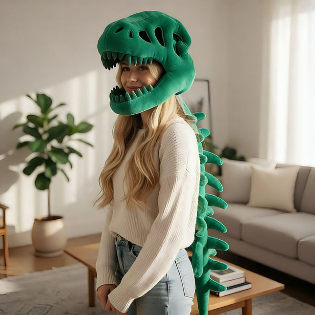 80CM Green Funny Dinosaur Skeleton Plush Headwear Quirky Bone Fossil Plushie Hat & Huggable Doll for Party