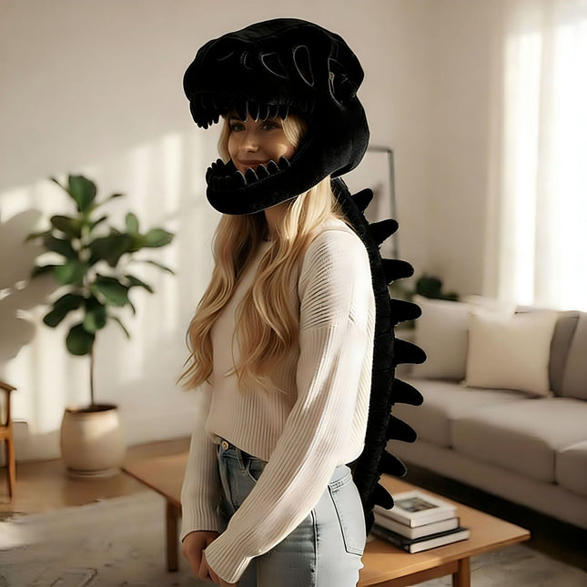 80CM Black Funny Dinosaur Skeleton Plush Headwear Quirky Bone Fossil Plushie Hat & Huggable Doll for Party