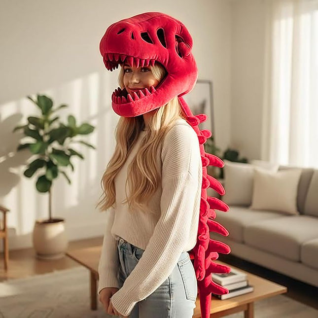80CM Red Funny Dinosaur Skeleton Plush Headwear Quirky Bone Fossil Plushie Hat & Huggable Doll for Party