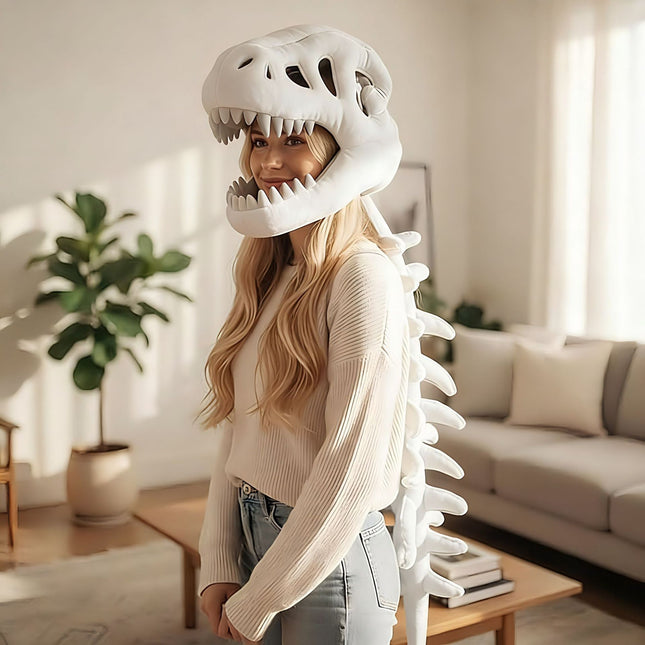 80CM White Funny Dinosaur Skeleton Plush Headwear Quirky Bone Fossil Plushie Hat & Huggable Doll for Party
