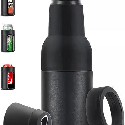 3-in-1 Beer Bottle Insulated Tumbler and Can Cooler with Bottle Opener – Double Wall Stainless Steel Soda Can Insulator & Holder for Car Outdoor Beverage Storage, 12oz Black