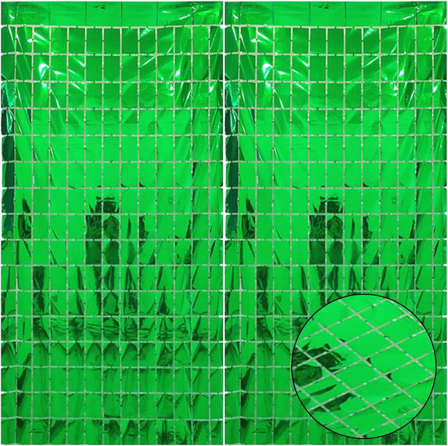 Green 3D Shimmer Foil Fringe Square Cube Curtain (2 PCS) 1m x 2m Self-Adhesive Metallic Backdrop for