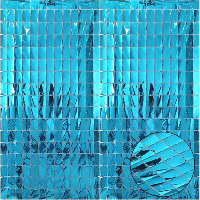 Blue 3D Shimmer Foil Fringe Square Cube Curtain (2 PCS) 1m x 2m Self-Adhesive Metallic Backdrop for
