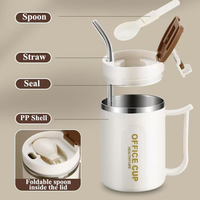 White and Blue 16oz Stainless Steel Office Mug with Phone Stand Lid Straw and – product detail