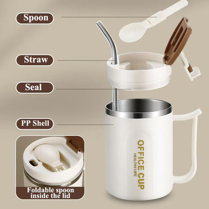White and Grey 16oz Stainless Steel Office Mug with Phone Stand Lid Straw and – product detail